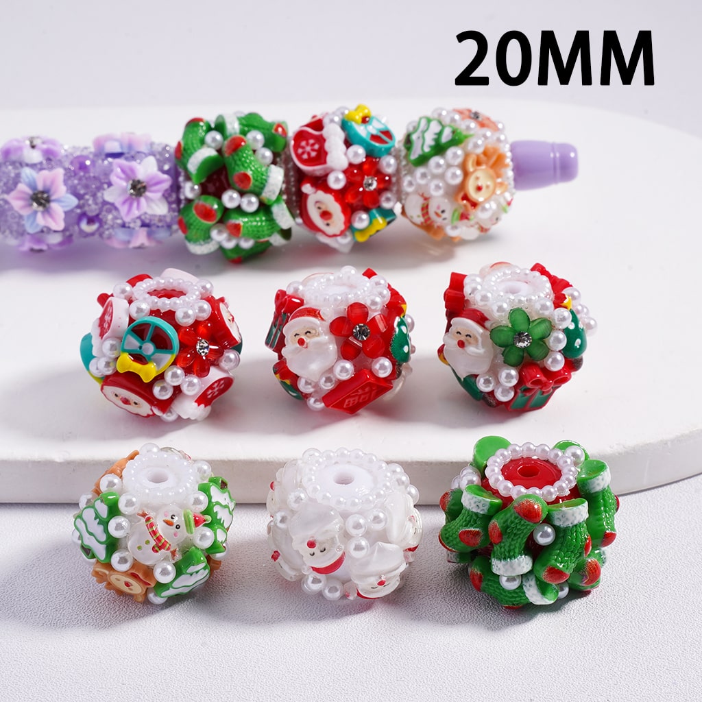 Colorful beads with decorative patterns on a white background, labeled '20MM'.

