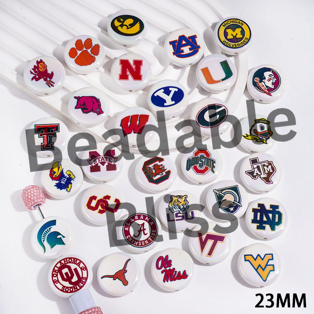 UV-Coated Acrylic Beads with American College Football Team Series, Flat Round Shape, 23MM