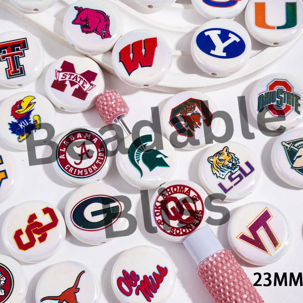 UV-Coated Acrylic Beads with American College Football Team Series, Flat Round Shape, 23MM