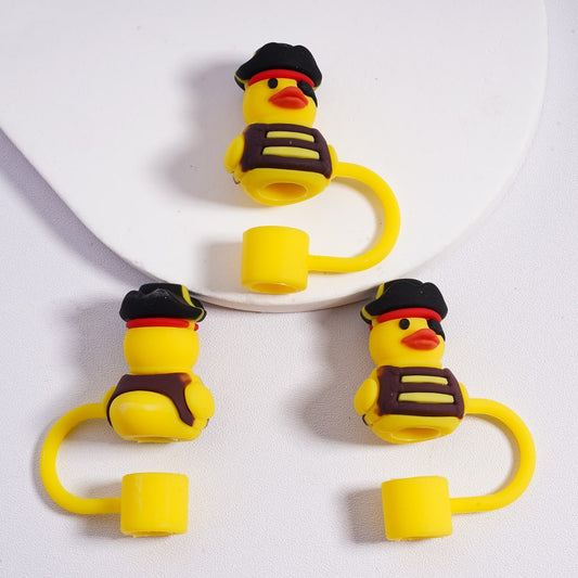 Food Grade Pirate Cute Yellow Duck Silicone Straw Topper with Costume 37mm