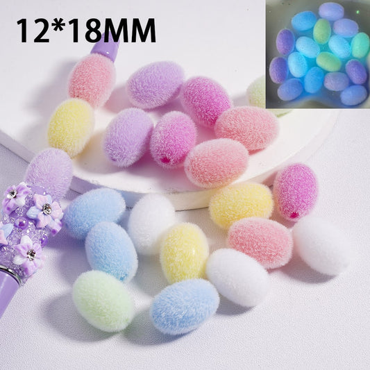 Luminous Flocked Fluffy Glow Oval Shape Solid Color Acrylic Beads 12*18MM, Random Mix