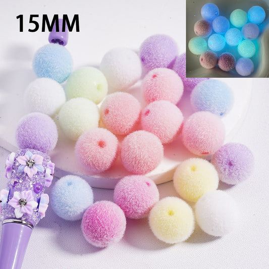 Luminous Flocked Fluffy Glow Solid Color Round Acrylic Beads 15MM, Random Mix