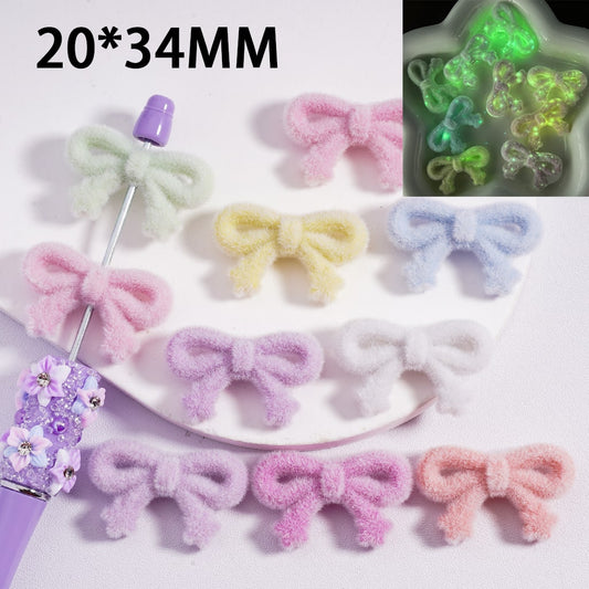 Fluffy Velvet Bow & Star Acrylic Beads, Solid Color Acrylic Beads 20x34mm Random Mix