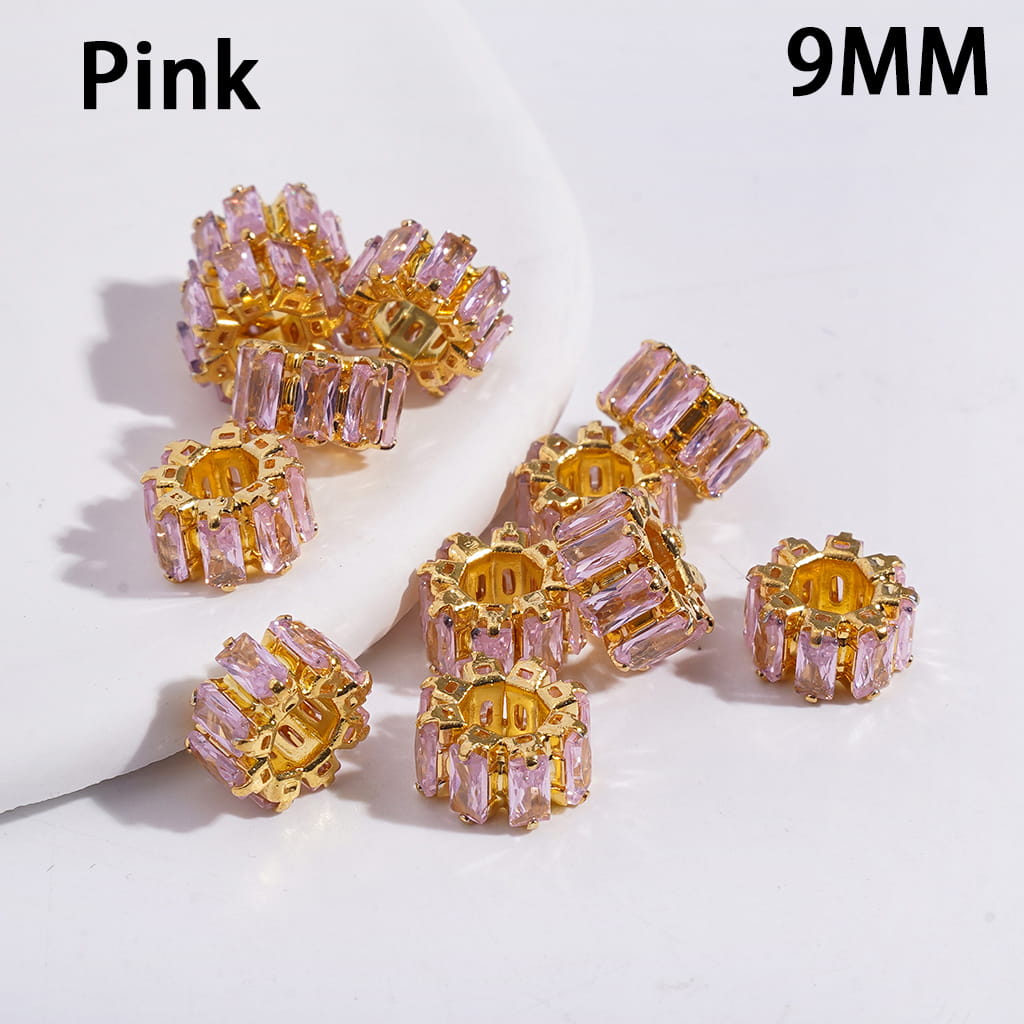 Gold Alloy Gear Beads with Rectangle Rhinestones Big Hole Beads, 9MM (The Hole Diameter is Around 4MM)