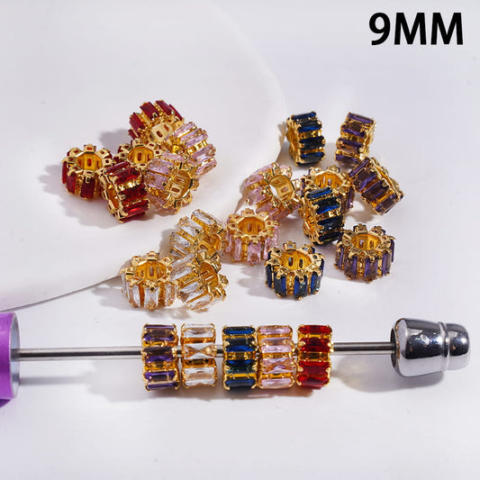 Gold Alloy Gear Beads with Rectangle Rhinestones Big Hole Beads, 9MM (The Hole Diameter is Around 4MM)