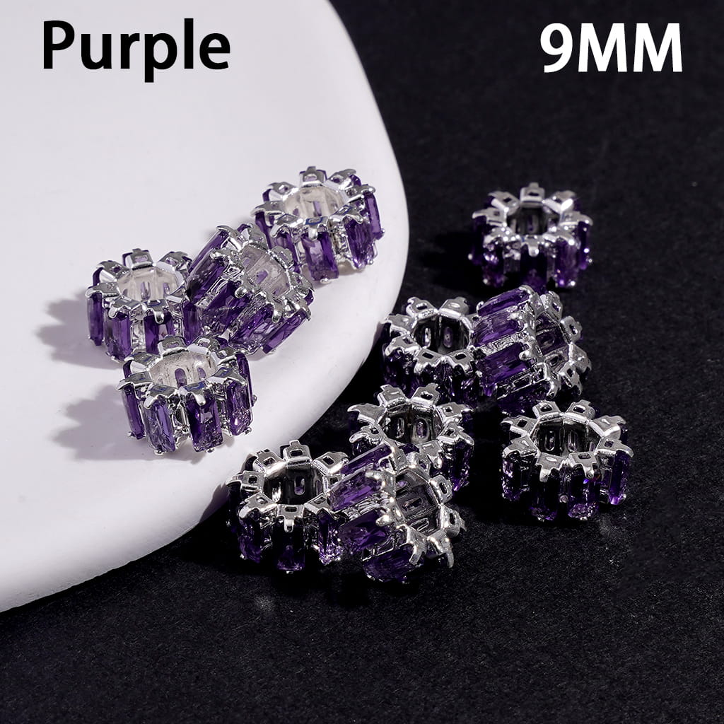Silver Alloy Gear Beads with Rectangle Rhinestones, Big Hole Beads, 9MM, Multi-Color (The Hole Diameter is Around 4MM)