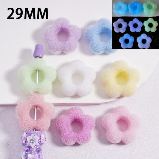 Luminous Fluffy Five Petal Flower Solid Color Acrylic Beads 29MM Random Mix