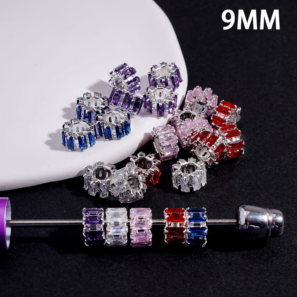 Silver Alloy Gear Beads with Rectangle Rhinestones, Big Hole Beads, 9MM, Multi-Color (The Hole Diameter is Around 4MM)