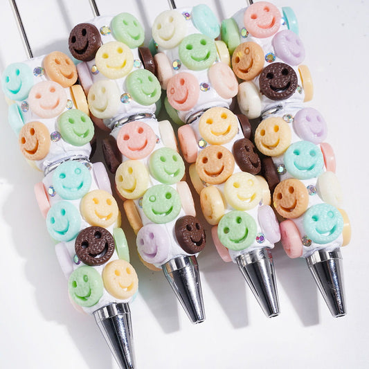 Cute Diverse Colors Smiling Cookie Flat Round Design with Sparkling AB Rhinestones Beadable Clay Pens