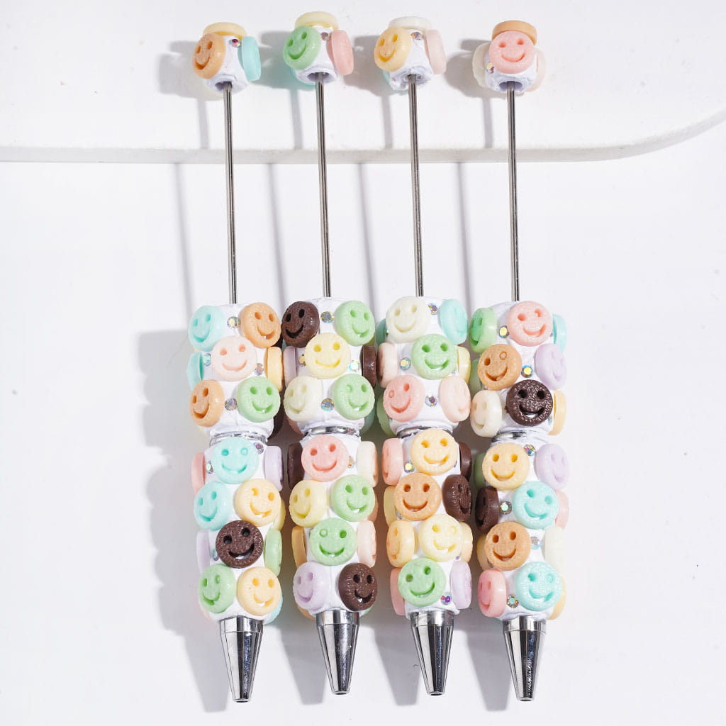 Cute Diverse Colors Smiling Cookie Flat Round Design with Sparkling AB Rhinestones Beadable Clay Pens