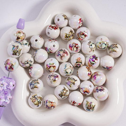 UV Glossy Cute Gnome with Christmas Hat Printed White Round Acrylic Beads 16MM, Random Mix
