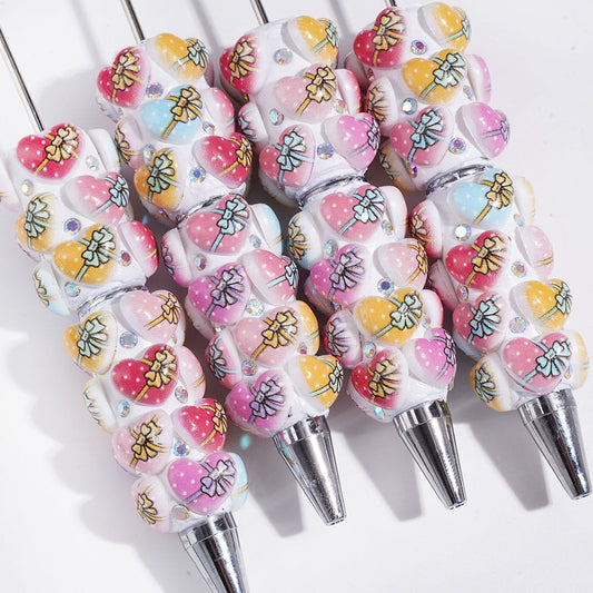 Cute Vibrant Colors Heart with Polka Dots Bowtie Design & Sparkling AB Rhinestones Beadable Clay Pens