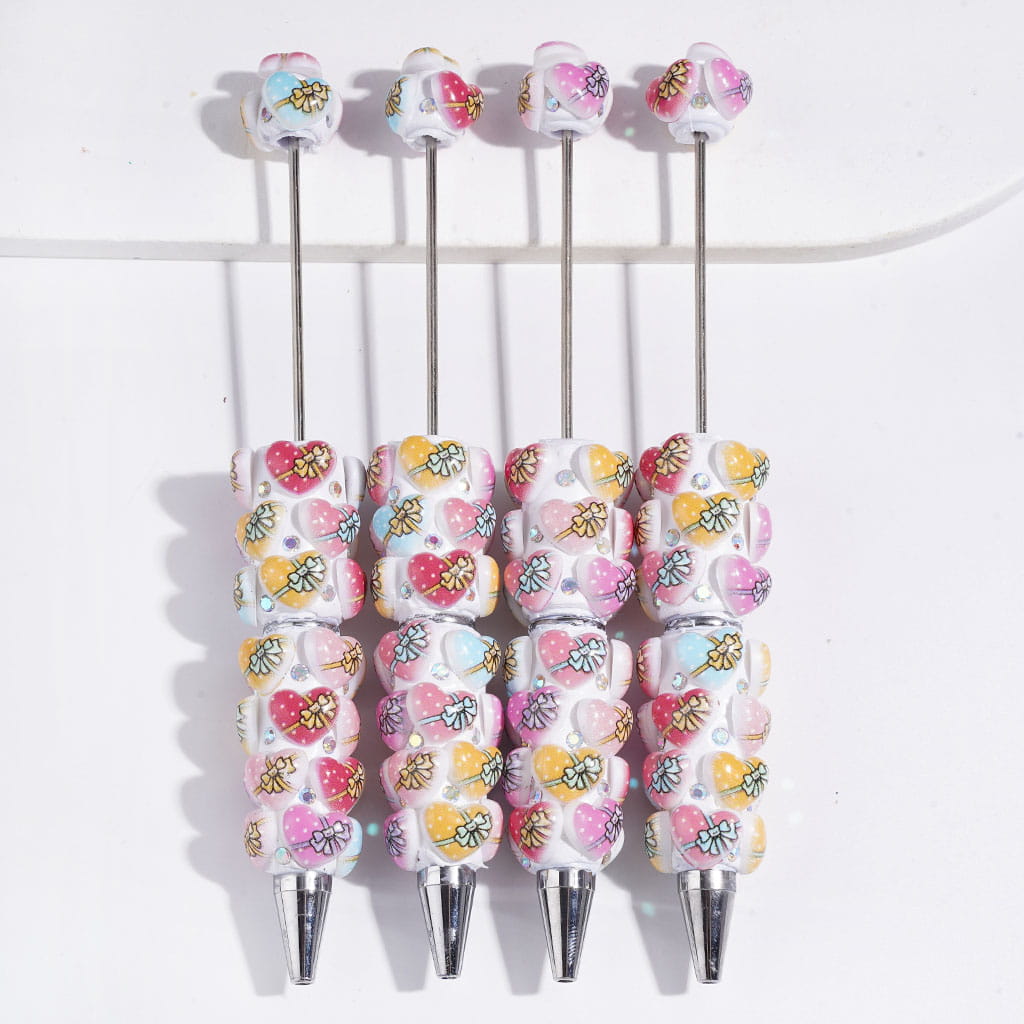 Cute Vibrant Colors Heart with Polka Dots Bowtie Design & Sparkling AB Rhinestones Beadable Clay Pens
