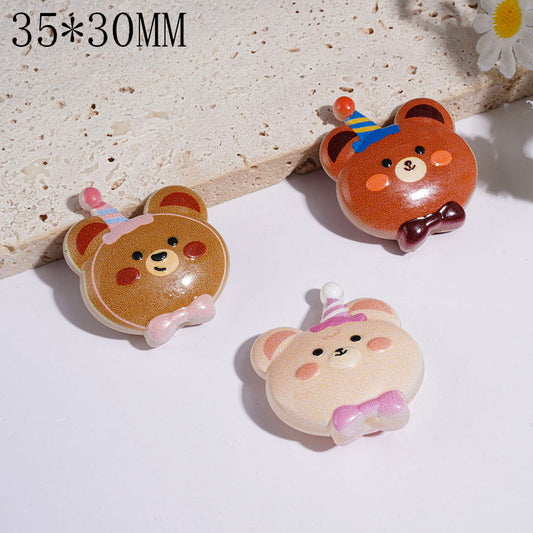 Cute Party Bear Faces with Birthday Hat & Bow, Frosted Silicone Focal Beads, 35*30MM, Multi Colors Random Mix