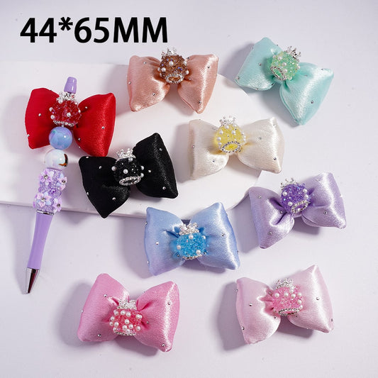 Royal Sugar Silver Crown White Pearls Shiny Rhinestones Large Soft Fabric Bowknots Multi Color Acrylic Beads 44*65MM