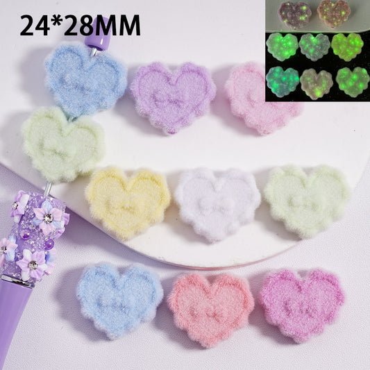 Luminous Velvet Texture Puffy Heart with Cute Bow, Ombre Solid Color Acrylic Beads 24*28MM Random Mix