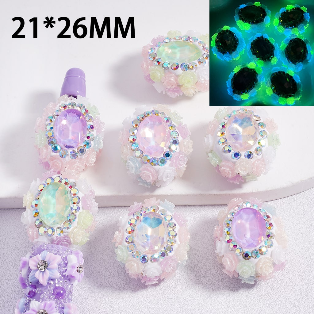 Dazzling Blossom Glitter Bloom Clay Beads with Mini AB & Large Oval Shape Rhinestones, 21*26mm, Multi-Color Mix