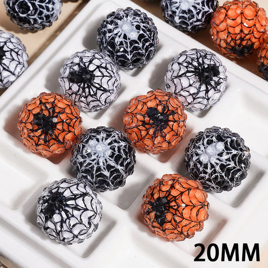 Halloween Spider Web Pattern Clear Rhinestone Black Orange White Round Acrylic Beads, 20MM