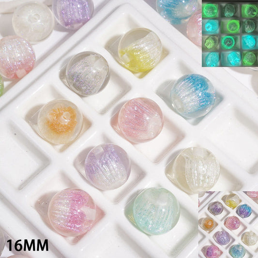 Luminous Tulip Blossom with Color-Shifting Effect & Sparkling Glitter Round Acrylic Beads, 16MM, Multicolor, Random Mix