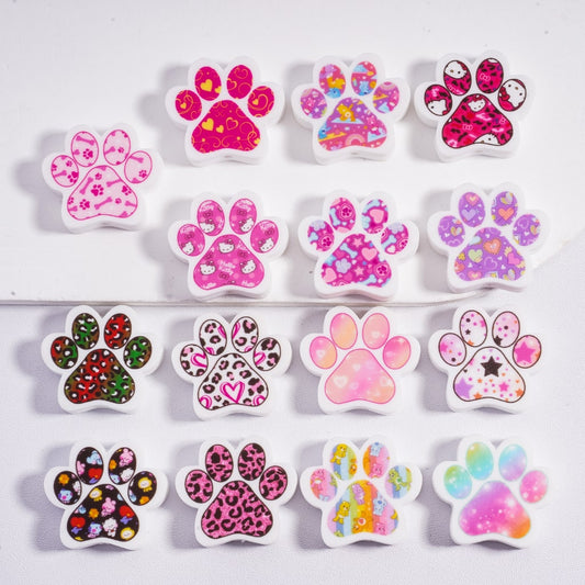 Cat & Dog Paw with different Colorful Prints Silicone Focal Beads Random Mix