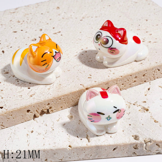 UV-Coated Cute Cat Character in Playful Prone Position Acrylic Beads, Height 21MM, Random Mix