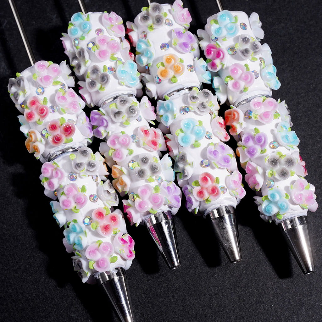 Beadable Clay Pens with Three Rose Flower Green Leaf and AB Rhinestones