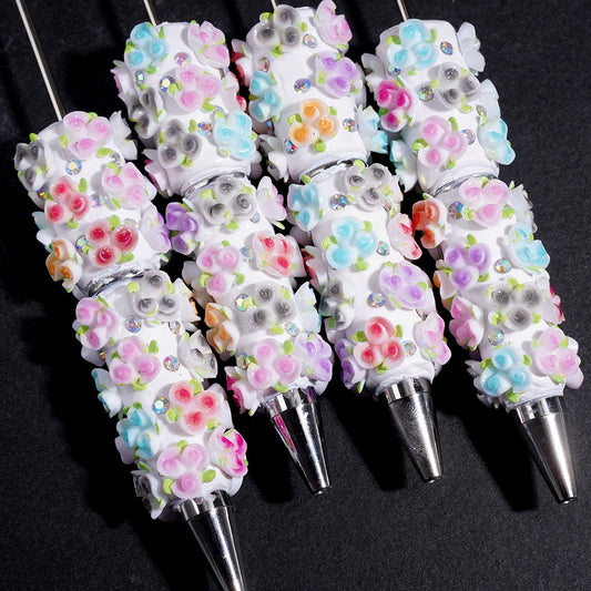 Adorable Three Rose Flower Pattern & Green Leaf Design with AB Rhinestones Beadable Clay Pen