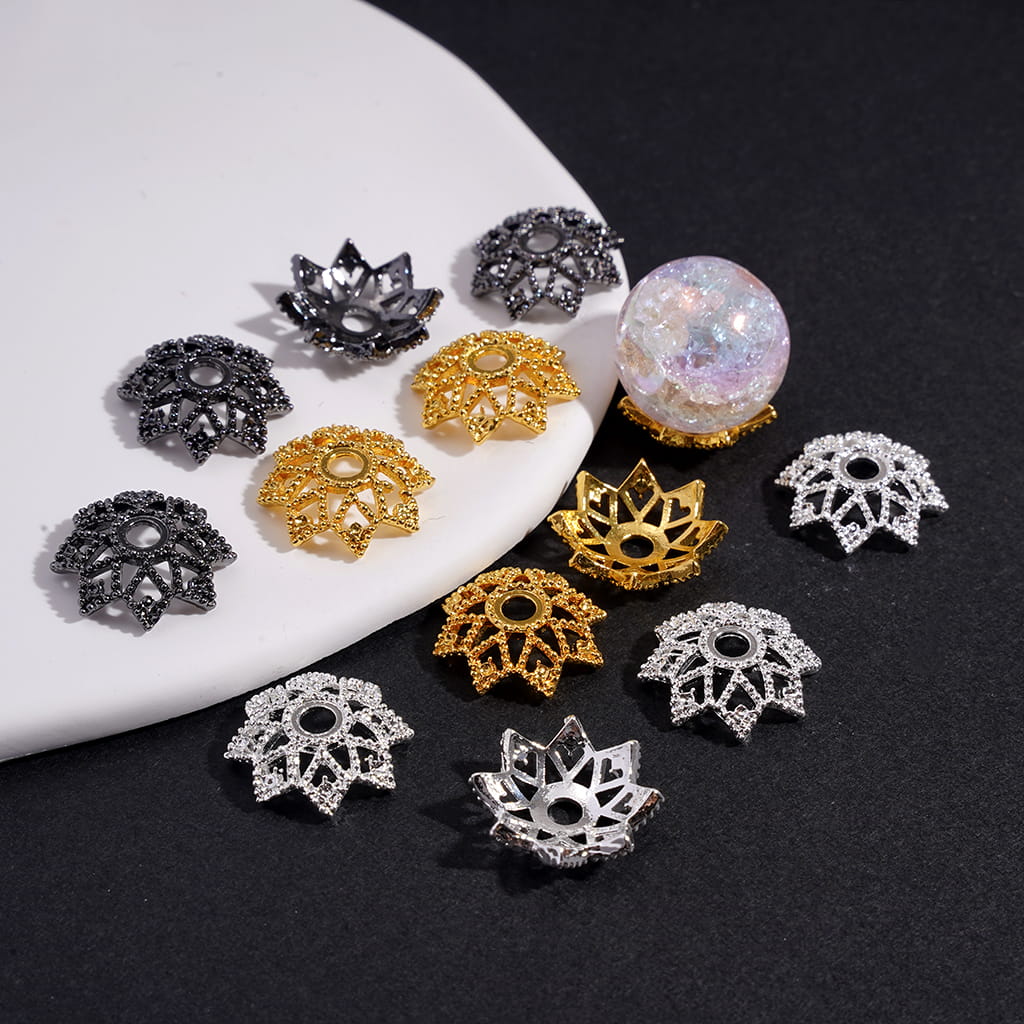 Octagonal Lotus Flower Gold & Silver & Black Alloy Bead Caps Cages (They Fit 16MM Beads)