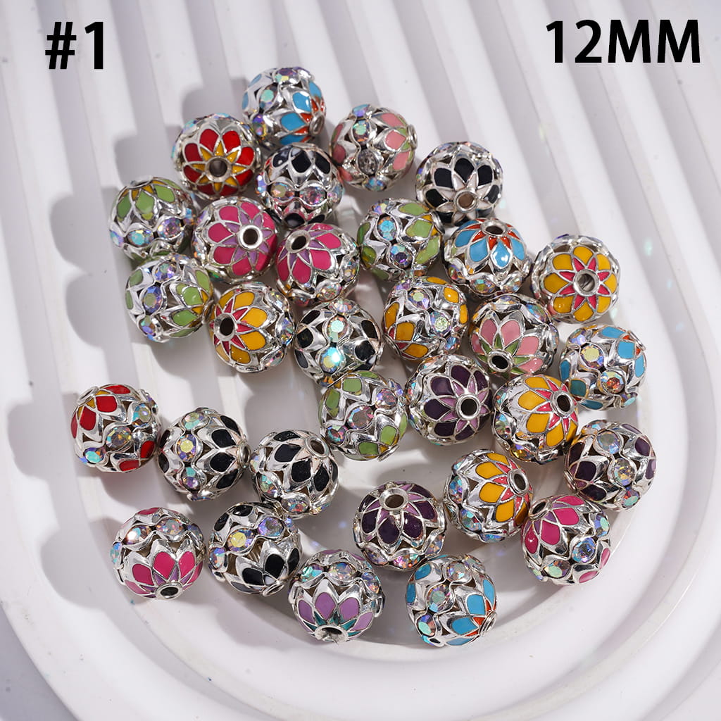 Gold & Silver Alloy Lotus Flower Base Beads with Central AB Rhinestones Round Metal Beads 12MM