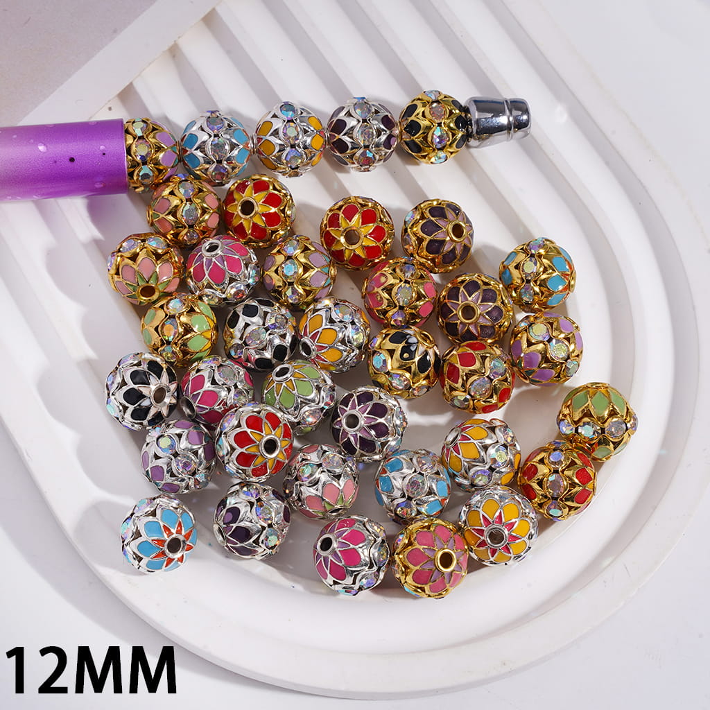 Gold & Silver Alloy Lotus Flower Base Beads with Central AB Rhinestones Round Metal Beads 12MM