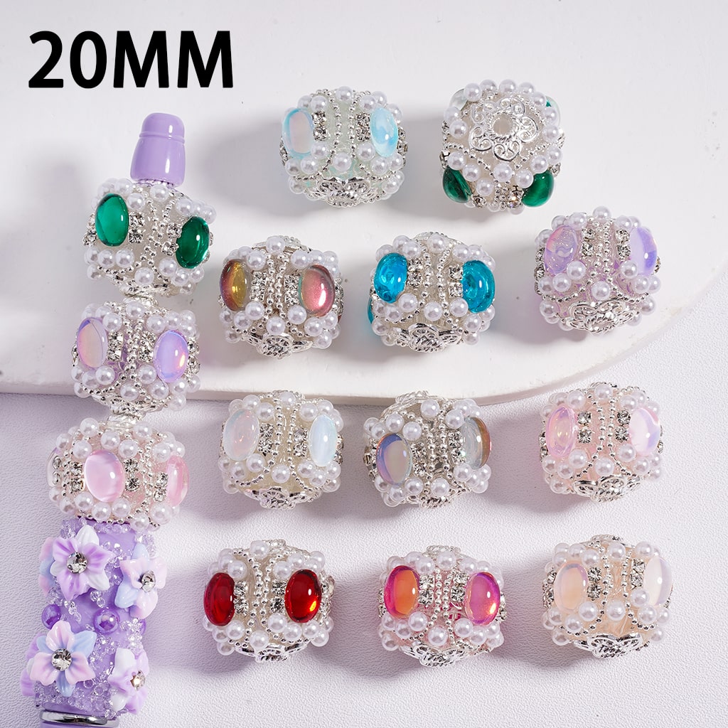 Decorative beads with colorful gemstones and pearls on a white background, labeled '20MM'.

