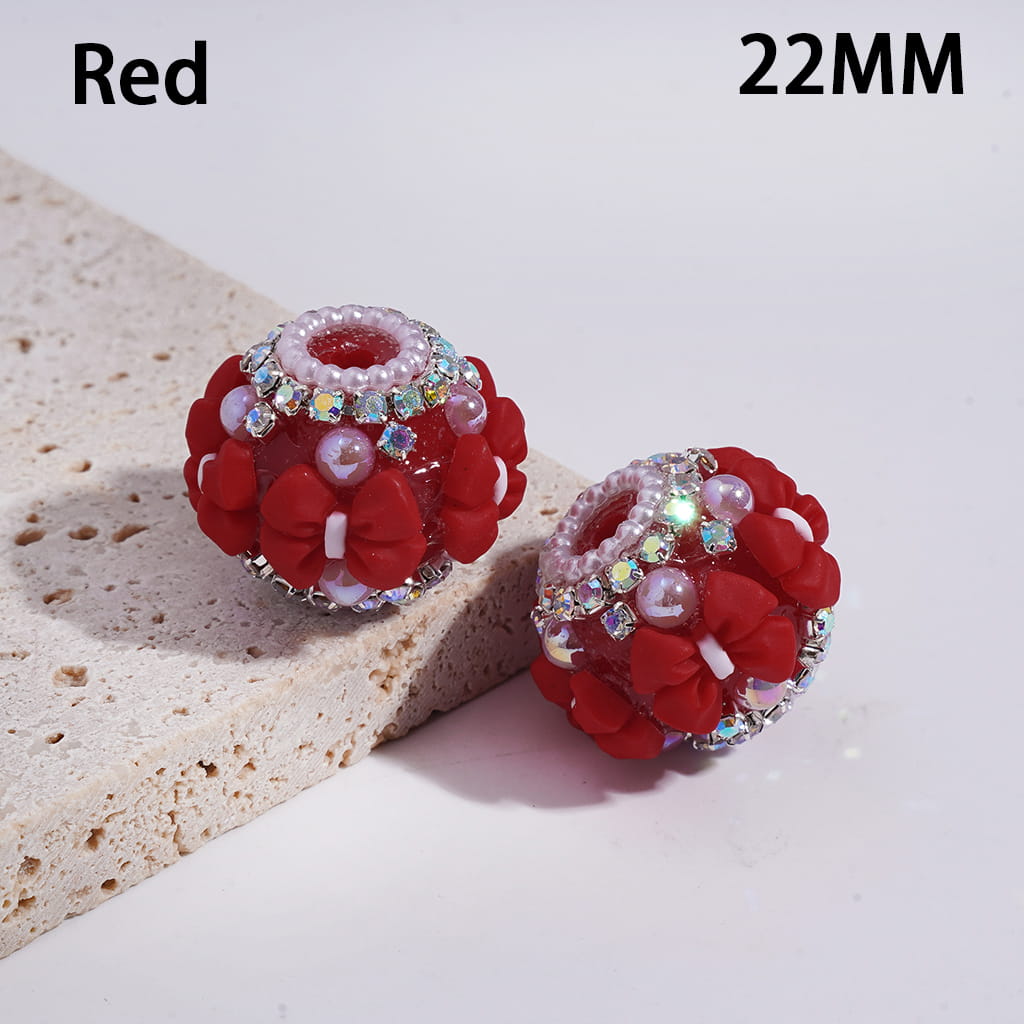 Multi-Color Round Acrylic Beads with Bowtie & AB Rhinestone, White Pearl Chains, 22MM