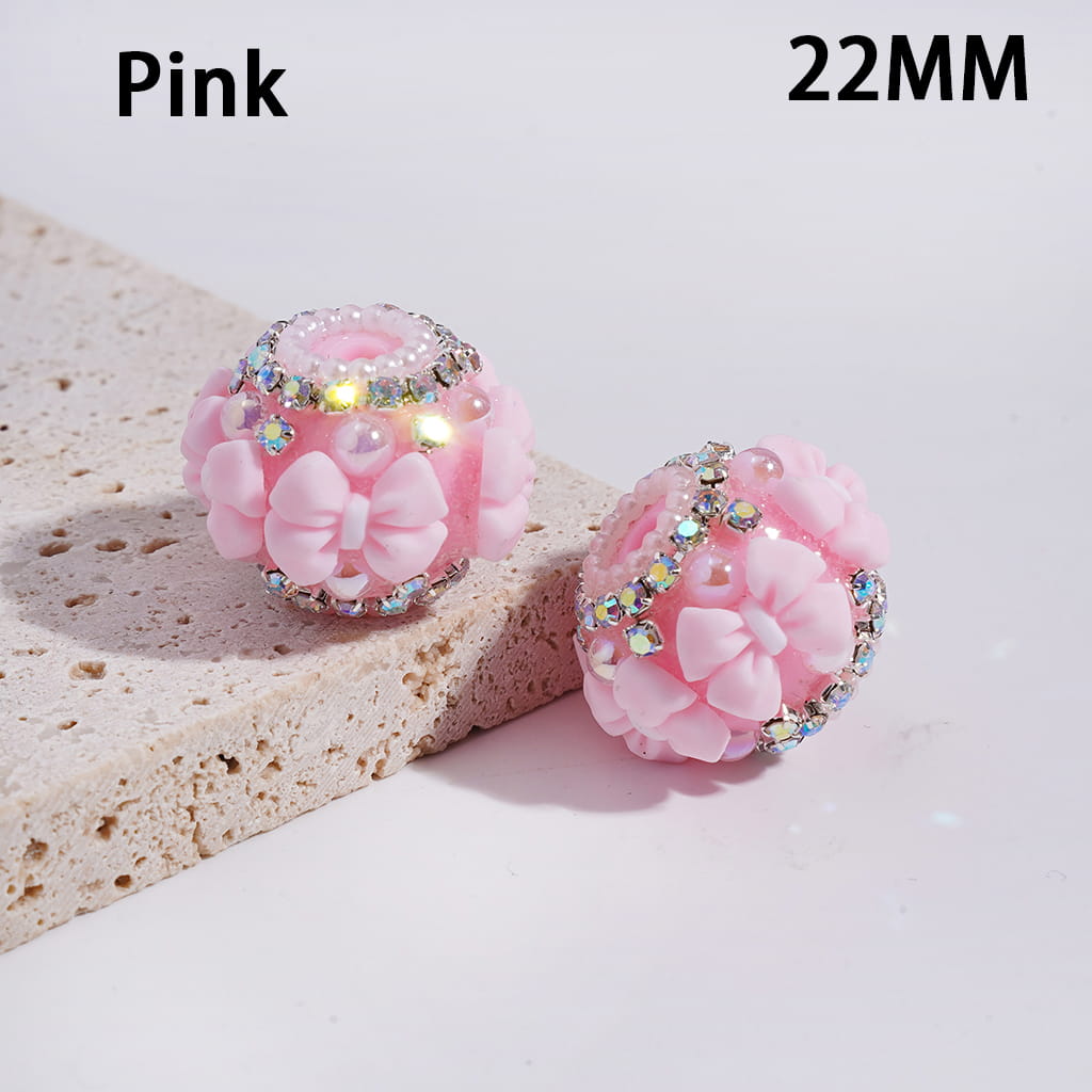 Multi-Color Round Acrylic Beads with Bowtie & AB Rhinestone, White Pearl Chains, 22MM