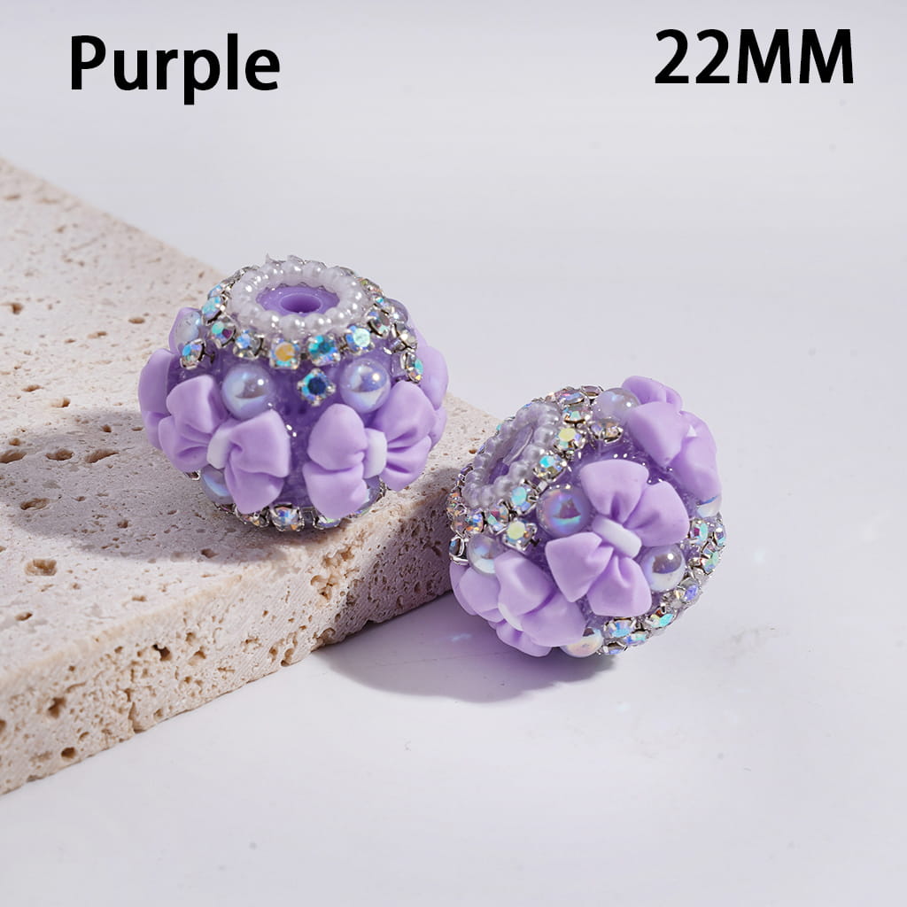 Multi-Color Round Acrylic Beads with Bowtie & AB Rhinestone, White Pearl Chains, 22MM