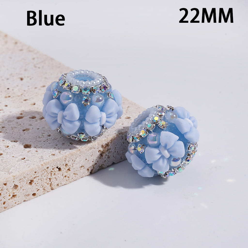 Multi-Color Round Acrylic Beads with Bowtie & AB Rhinestone, White Pearl Chains, 22MM
