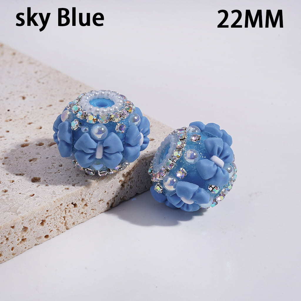 Multi-Color Round Acrylic Beads with Bowtie & AB Rhinestone, White Pearl Chains, 22MM