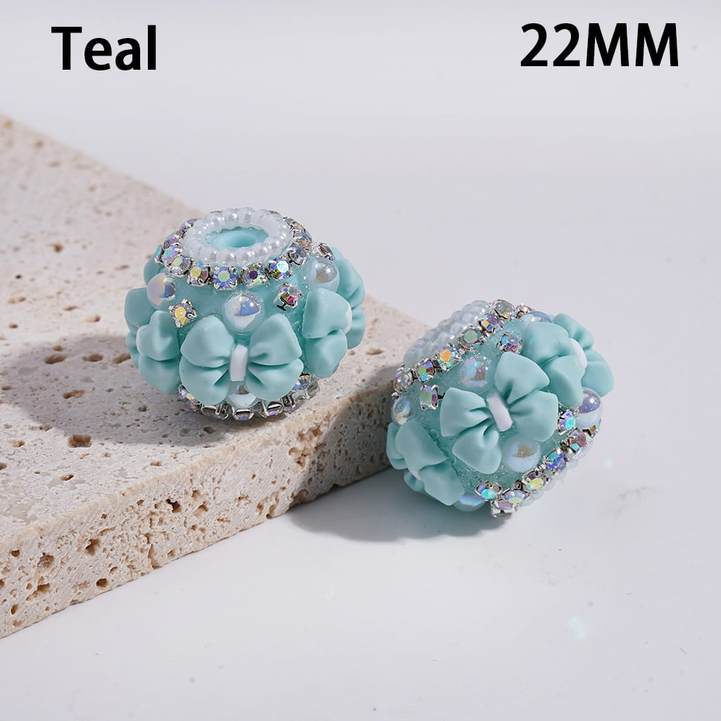 Multi-Color Round Acrylic Beads with Bowtie & AB Rhinestone, White Pearl Chains, 22MM