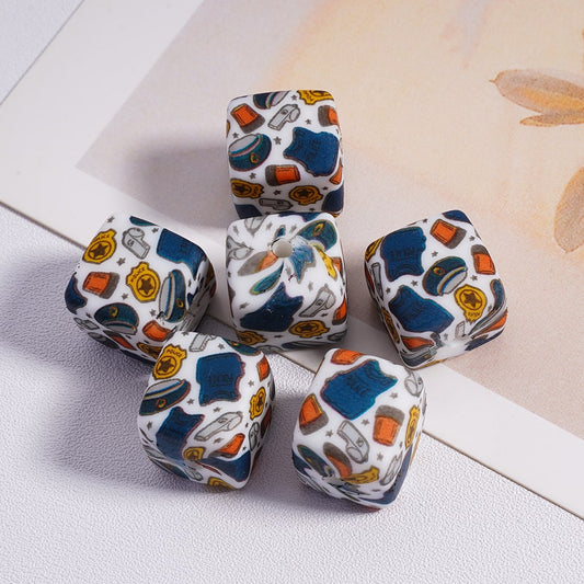 Police Themed Officers Series Printed Cube Silicone Beads 14mm