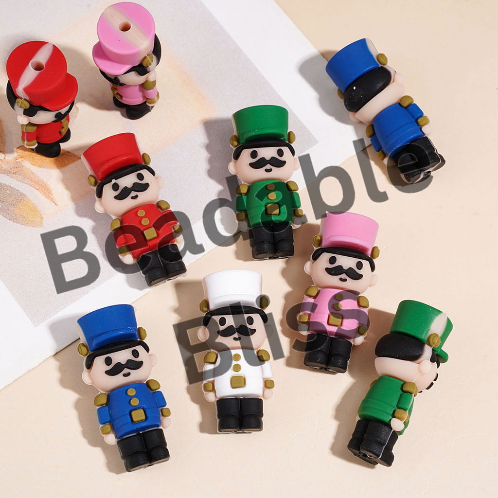 3D Silicone Focal Beads Wooden Nutcracker Solider Toys, Multi-Color
