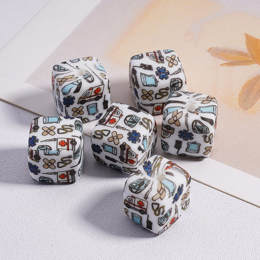 Medical theme Stethoscope, Heartbeat, Nurse Tools, Healthcare Icons Printed Cube Silicone Beads 14mm