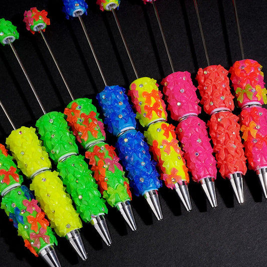 Neon Flower Bow Beadable Clay Pen with AB Rhinestones, Multi Colors Random Mix