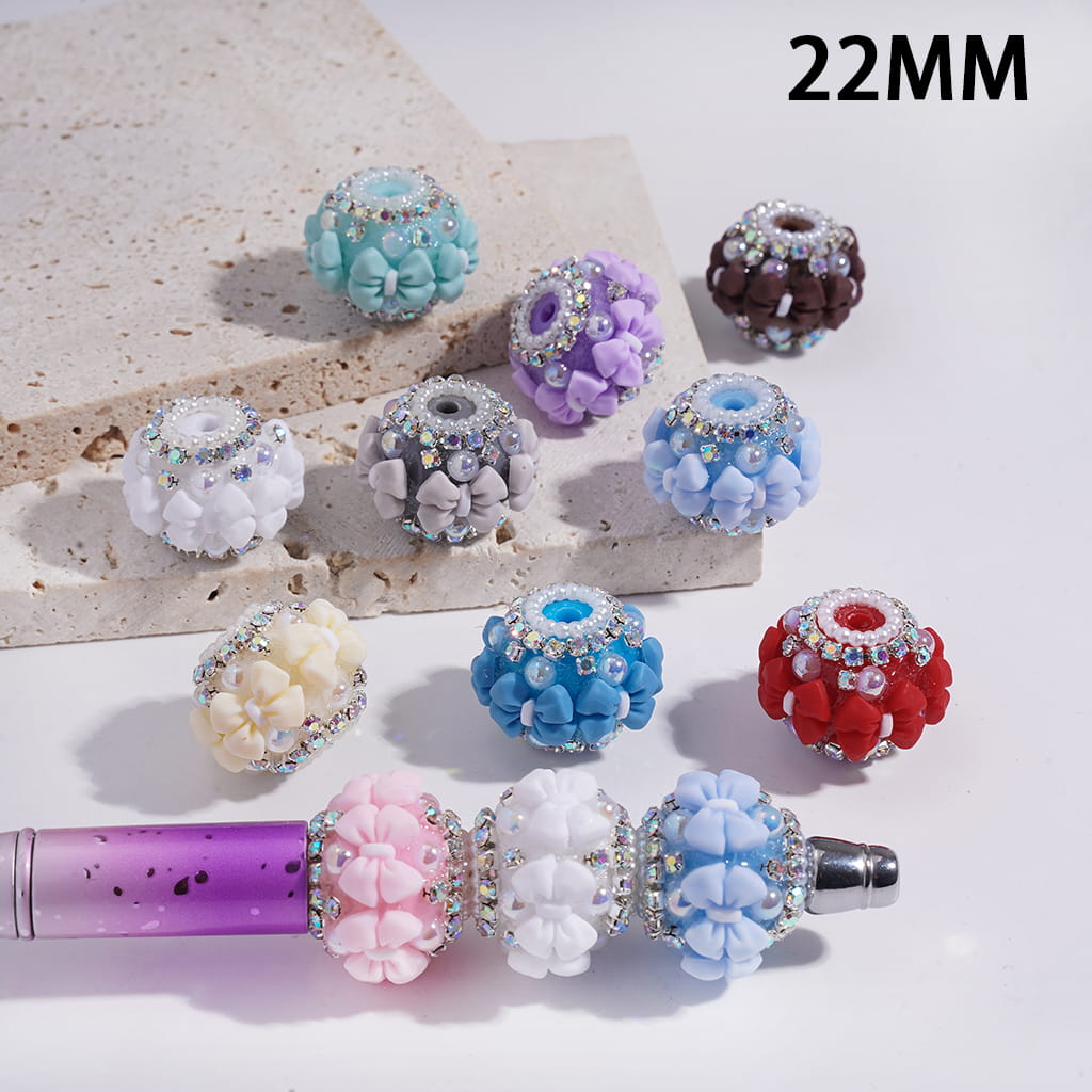 Multi-Color Round Acrylic Beads with Bowtie & AB Rhinestone, White Pearl Chains, 22MM