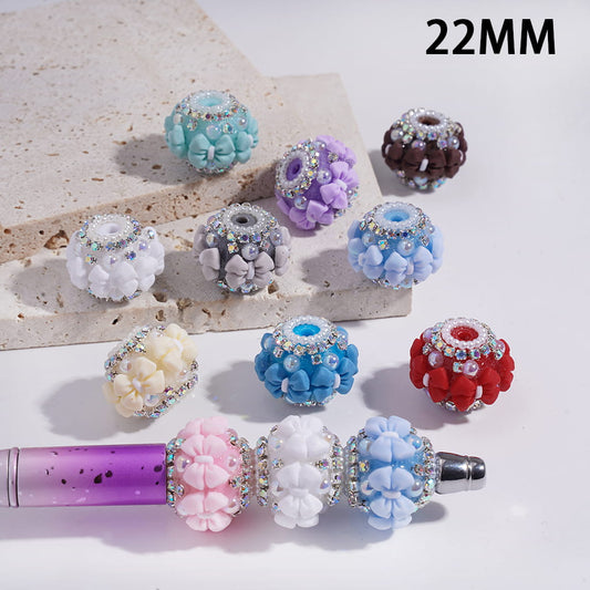 Multi-Color Round Acrylic Beads with Bowtie & AB Rhinestone, White Pearl Chains, 22MM