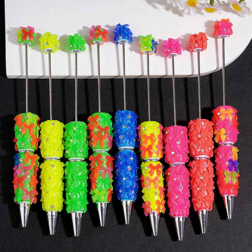 Neon Flower Bow Beadable Clay Pen with AB Rhinestones, Multi Colors Random Mix