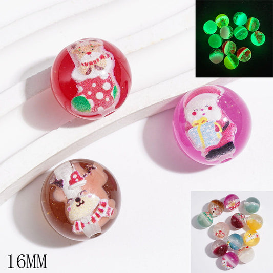 Luminous Double-Tone with Color-Changing Effect & Shiny Golden Glitter Christmas Theme Round Acrylic Beads, 16MM, Multicolor, Random Mix