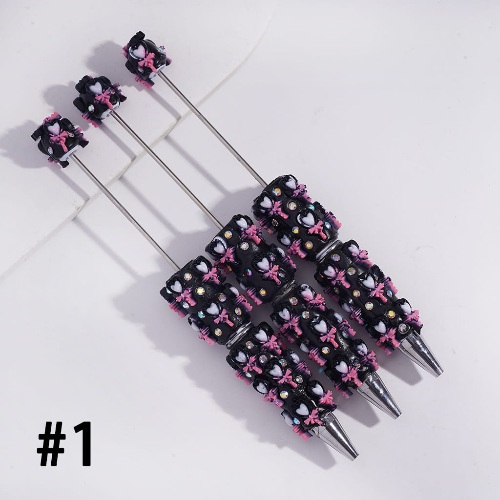 Beadable Clay Pens with Lollipop, Heart & Magic Wand Bowtie Black & Pink Design with AB Rhinestones