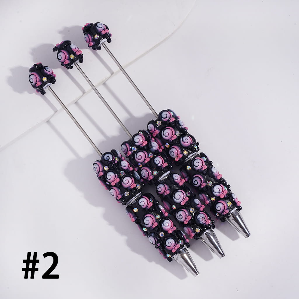 Beadable Clay Pens with Lollipop, Heart & Magic Wand Bowtie Black & Pink Design with AB Rhinestones