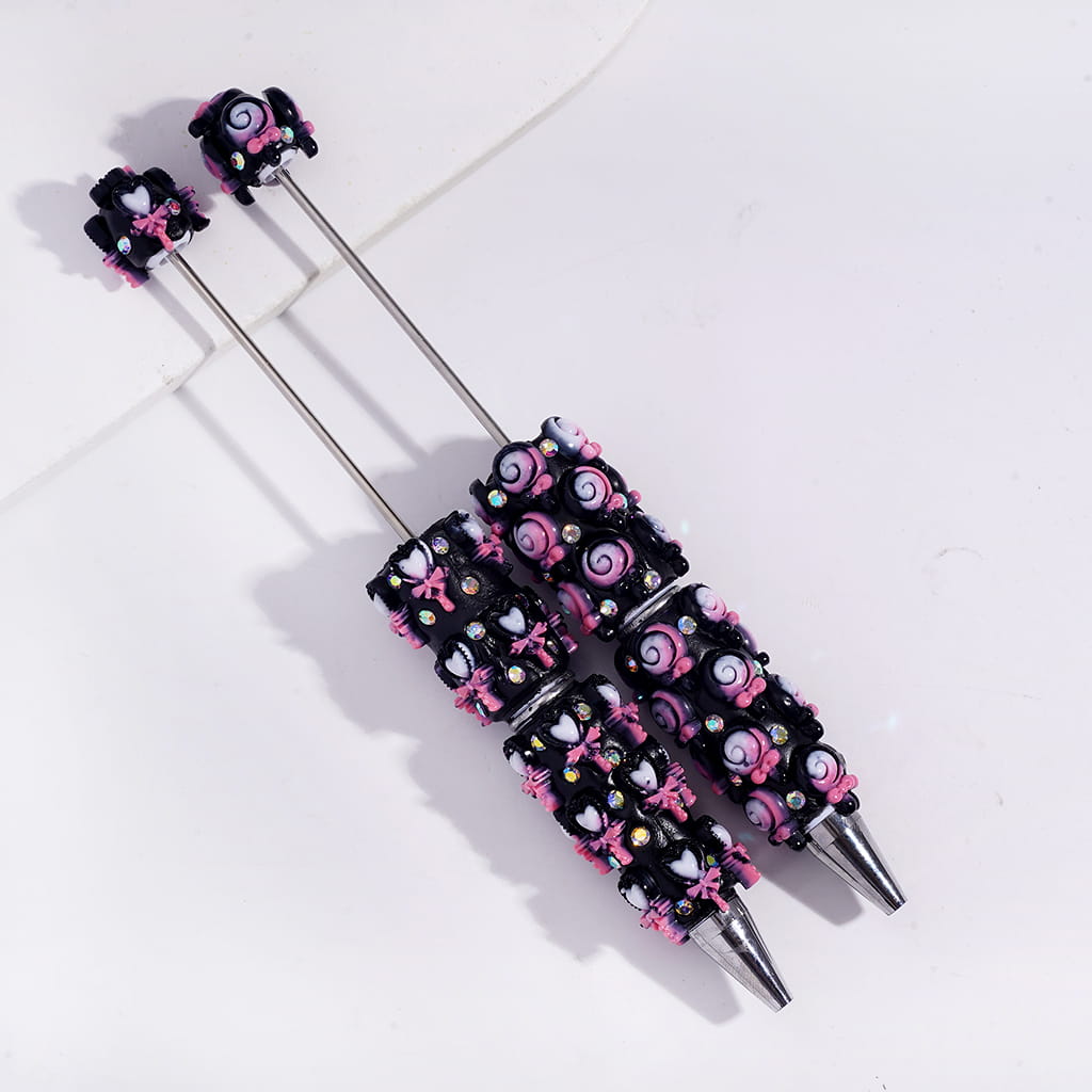 Beadable Clay Pens with Lollipop, Heart & Magic Wand Bowtie Black & Pink Design with AB Rhinestones