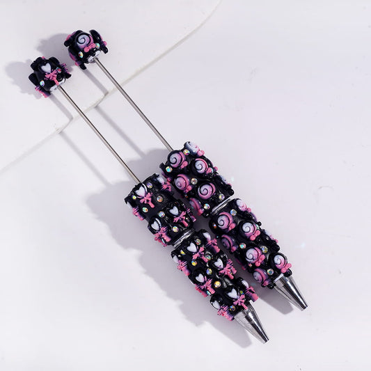 Beadable Clay Pens with Lollipop, Heart & Magic Wand Bowtie Black & Pink Design with AB Rhinestones