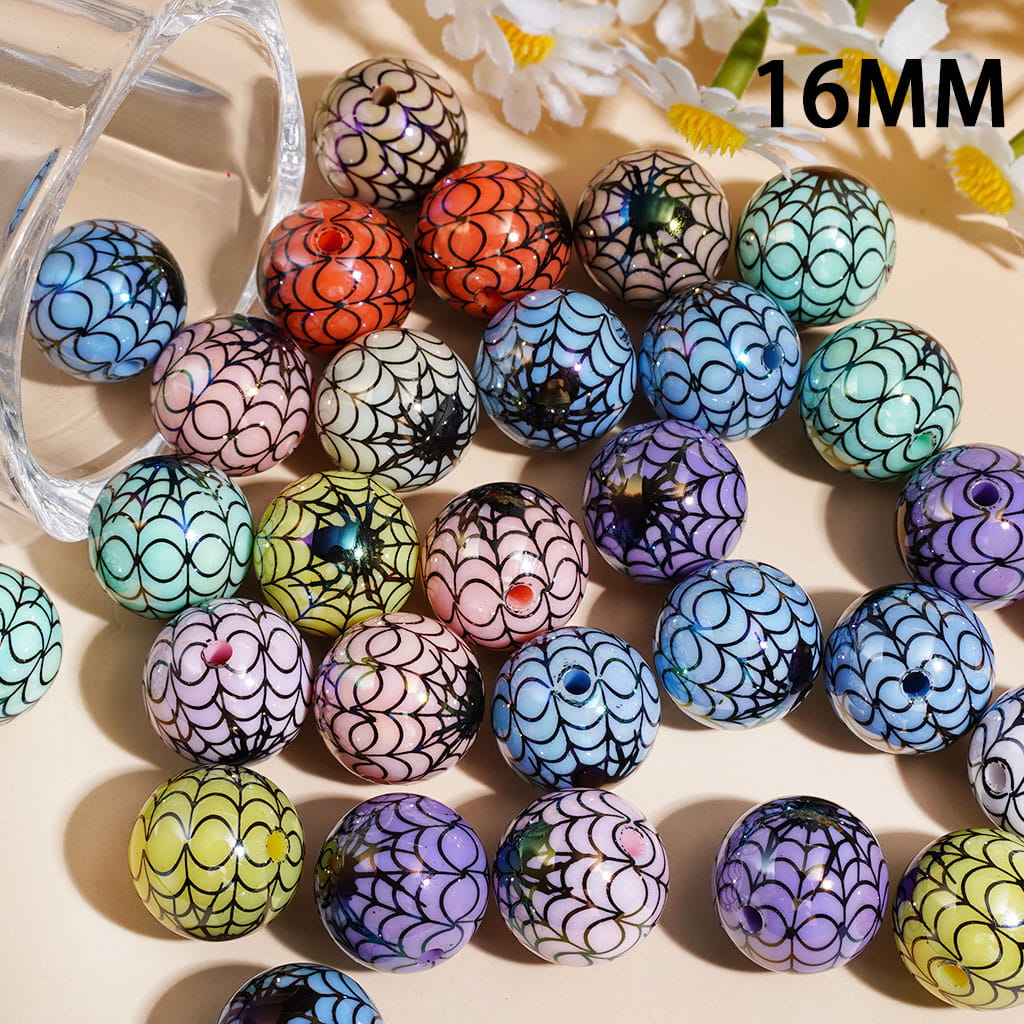 UV Coated Halloween Theme Black Spider Web Acrylic Beads for Bracelets, 16MM, Random Mix Multi-Color
